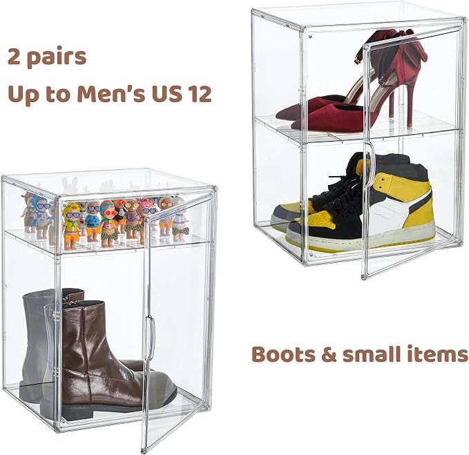 Attelite XXX-Large Clear Display Case Stackable Plastic Storage Bins with Lid, 2 Tiers Boot Shoe Box Organizers with an Adjustable Divider, Big Acrylic Display Storage Box with Magnetic Door - Image 4