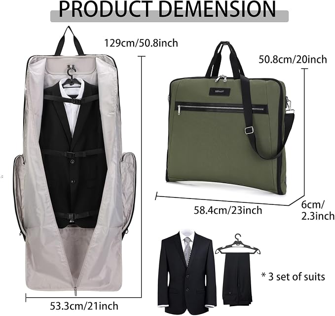 BESMART Garment Bags for Travel, 51" Large Suit Bag for Business Trips | Waterproof,Hangs 3 Suits,Foldable,Wrinkle Free Spacious Luggage Suit Cover,Adjustable Strap,Carry On Flight Approved,Green - Image 5