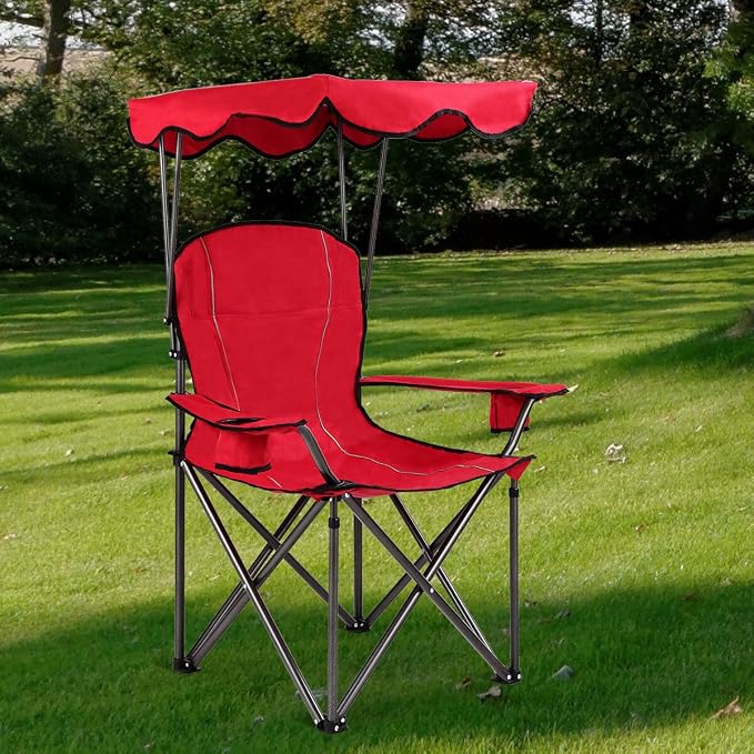 COSTWAY Portable Camping Chair with Canopy, Outdoor Lawn Chair with Shade, Carry Bag, Cup Holder, for Travel, Picnic, Beach (Red) - Image 4