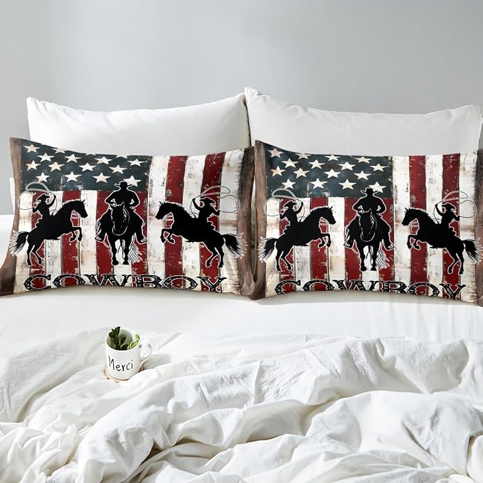 Western Rustic Bedding Set for Cowboys Cowgirls Farmstyle Duvet Cover Full Size, Vintage American Flag Comforter Cover Wild Animal Print Bedding Farmhouse Theme Bedspread Cover with 2 Pillowcases - Image 5