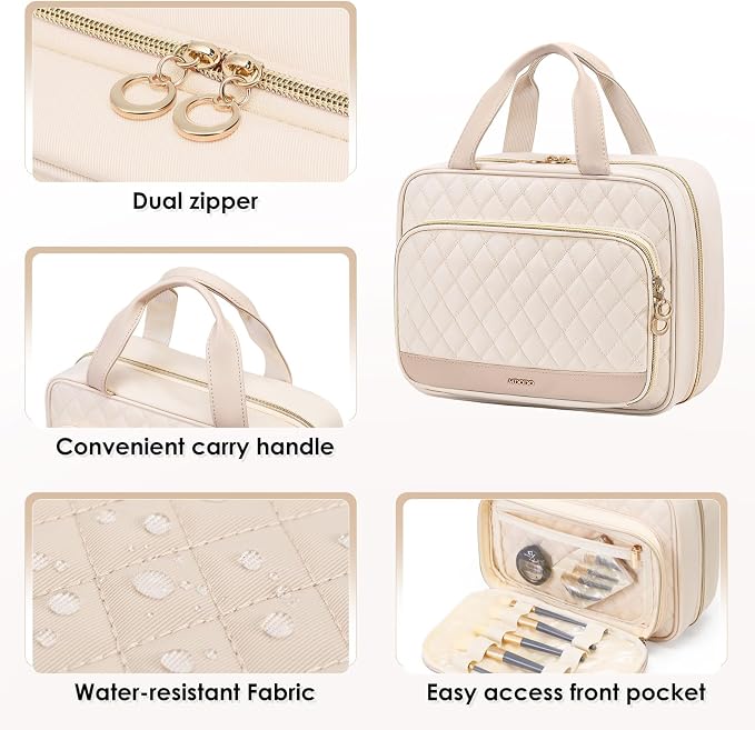 MDODO Travel Toiletry Makeup Bag for Women Hanging Toiletry Bag Cosmetic Organizer Make up Bags for Women Travel Makeup Essentials, Beige - Image 6