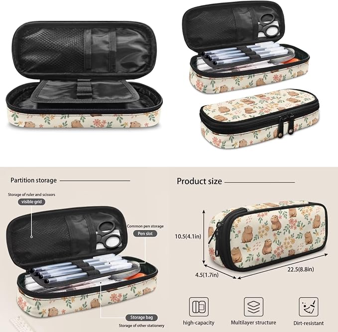 4 Pack Cute Capybara Flower Schoolbag Set with Insulated Lunch Box Pencil Case Water Bottle Holder Bag for Preschool,Elementary,Middle School Girls Schoolbag Capybara Lover Daypack - Image 3