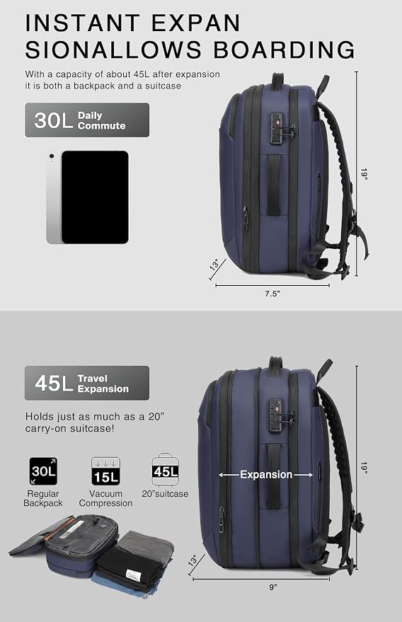 Vacuum Seal Travel Backpack 45L with Pump - Expandable Air Compression System, Water-Resistant Business TSA Lock, Laptop Backpack, Carry-On Suitcase Luggage, Gifts for Men - Image 7