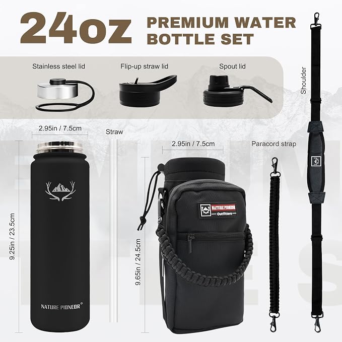 NATURE PIONEOR 24 oz Insulated Water Bottle with Carrier Bag & 3 Lids | 18/8 Food-grade Stainless Steel, Double Vacuum Insulation, 3 Leak-proof Lids, Strap, Camping, Hiking, Gym, Work - Image 6