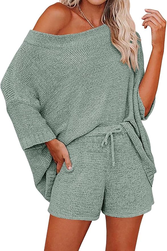 Ermonn Womens 2 Piece Outfits Sweater Sets Off Shoulder Knit Tops Waist Short Suits Casual Pajama Set by Ermonn