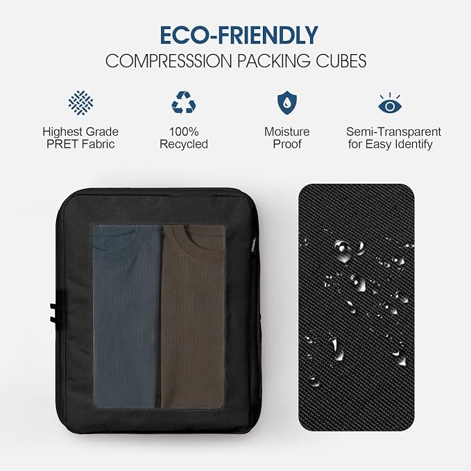 Compression Packing Cubes - Travel Organizer Bags for Suitcases and Luggage, Eco-Friendly Fabric (5-Pack) (Black) - Image 4