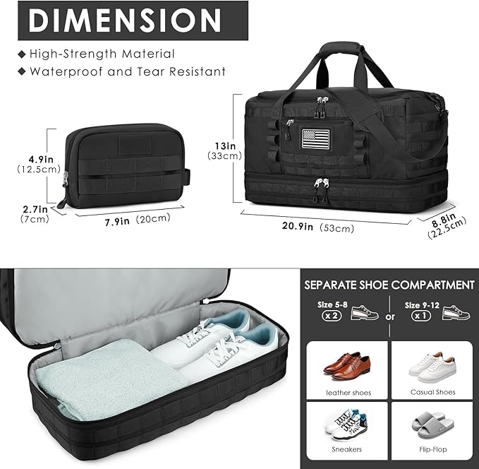 Gym Bag for Men Women, Carry on Luggage 22x14x9 Airline Approved, Tactical Travel Duffle Bag with Toiletry Bag and Shoe Compartment, Weekender Overnight with Wet Pocket for Workout, Black - Image 4