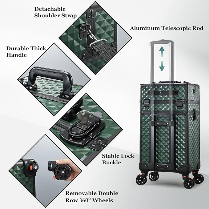 Joligrace Rolling Makeup Case with Drawers - Tattoo Storage Organizer Travel Cart for Nail Tech, Cosmetology, Barber Tools - Portable Suitcase on Wheels Dark Green - Image 6