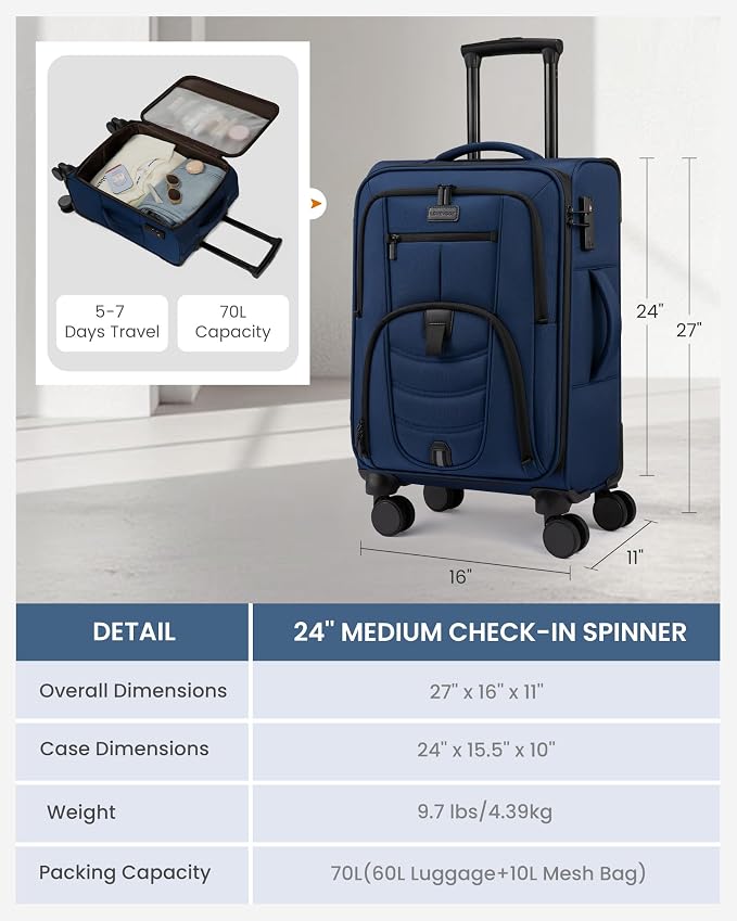 LOVEVOOK Business Softside Checked Luggage with 15.6/17.3 Inch Laptop Compartment, 24 Inch Checked Suitcase with Spinner Wheels, Large Capacity Luggage with TSA Lock for Business Trip Travel Navy Bule - Image 3