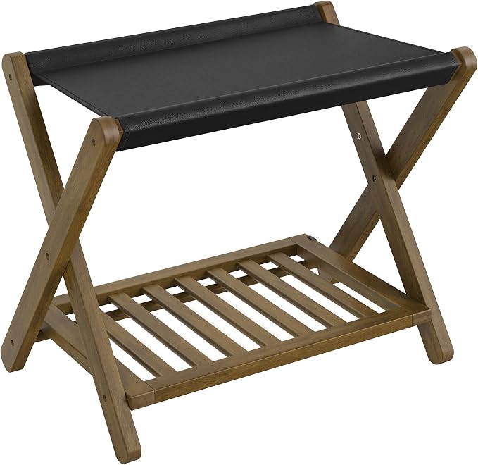 SONGMICS Bamboo Luggage Rack, Foldable Suitcase Stand, Luggage Holder with Storage Shelf, Synthetic Leather, Fully Assembled, Wipe-Clean, for Guest Room, Hotel, Bedroom, Walnut Brown URLR030KZ01 by SONGMICSbySONGMICSHOME