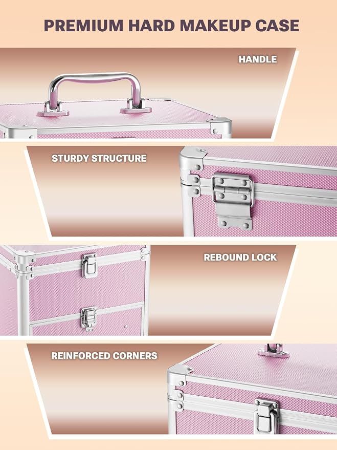 Qislee Makeup Box with Detachable Magnetic LED Mirror, Travel Train Case | Make Up Bag with Drawer, 6 Adjustable EVA Dividers, 2 Brush Boards, for Flight Trips, Waterproof Portable, ICY Pink - Image 4