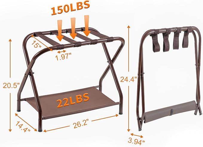 Heybly Luggage Rack for Guest Room, Pack of 2, Steel Folding Suitcase Stand with Storage Shelf for Bedroom, Hotel, Foldable Steel Frame, Guest Room 26.2" L x 14.4" W x 20.5" H, Brown HLR004Z2 - Image 4