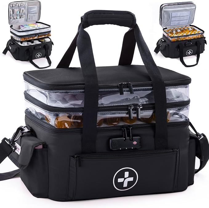 BAGSFY 3-Tier Medicine Organizer with Combination Lock – Large Medicine Bag, Empty First Aid Kit Case, Pill Bottle Medical Supply Organizer, Travel Prescription Bag, Medication Storage Container by BAGSFY