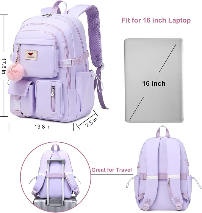 Laptop Backpack 15.6 Inch Elementary Middle High School Bag College Backpacks with Lunch Box Pencil Pouch 3 PCS Set Travel Bookbags for Teens Girls Women Students (Purple) - Image 6