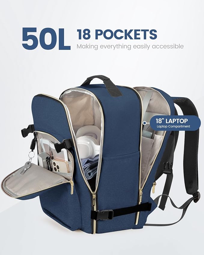 LOVEVOOK 50L Travel Backpack Flight Approved Carry on Backpack,3 Packing Cubes,Waterproof Personal Item Travel Bag,TSA Carry on Luggage Suitcase Travel Essentials,Gifts for Women & Men,fits 18" Laptop - Image 3