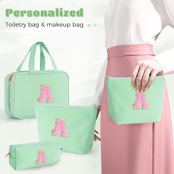Gifts for Teen Girls Women - Travel Hanging Toiletry Bag & Makeup Bag - Personalized Initial Cosmetic Bag | Birthday Gift for Girl Trendy Stuff - Green A - Image 4