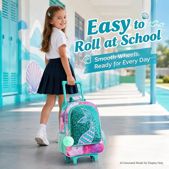 AGSDON 3PCS Rolling Backpack for Girls Boys, Kids Roller Wheels Bookbag, Wheeled School Bag with Lunch Bag - Image 2