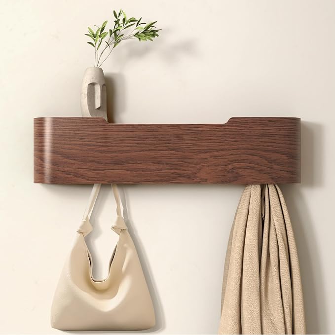 Wall Mounted Coat Rack with Shelf, Wooden Entryway Organizer with Hidden Metal Hooks for Hanging Coats Bags Keys, Modern Floating Shelf for Hallway Bathroom by VERASCOT