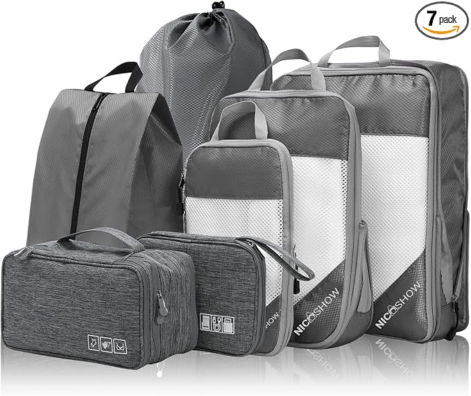 NICOSHOW 7 Set Compression Packing Cubes for Travel - Compressible, Lightweight, and Space-Saving Packing Cubes, Travel Essentials for Women, Grey by NICOSHOW