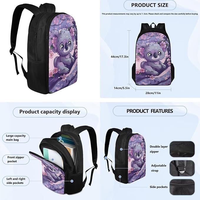 Cherry Blossom Koala Backpack for Girls Kids Backpack with Lunch Box Water Bottle Holder with Strap and Aesthetic Pencil Case 4PCS Set Cute Bookbag with Compartments 17 inch Kawaii School Bag - Image 4