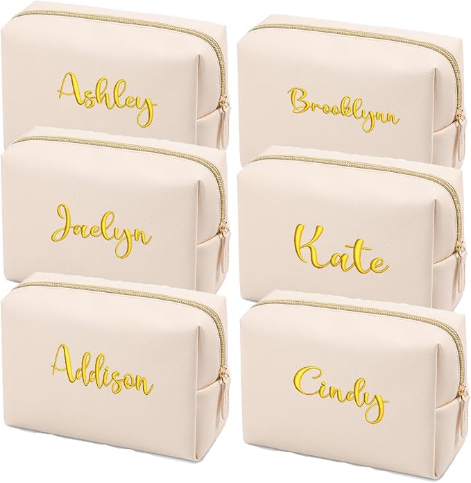 GOPHIE Embroidered Large Make up Bag,Personalized Skincare Bag,Cosmetic Travel Bags for Women Gift For Wedding,Set of 6, Beige by GOPHIE