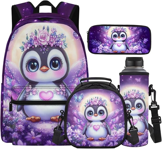 Cute Penguin Elementary School Backpack for Girls, Purple Girls Bookbag with Lunch Box, 4 Piece 17" Kids Bookbag Set with Lunch Box, Pencil Pouch & Leak-Proof Water Bottle Sleeve by Unknown