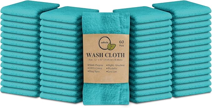 100% Cotton Washcloths 60 Pack (12x12 Inches) Soft, Highly Absorbent Washcloth, Face Towels, Wash Cloths for Face, Ring Spun, Bulk Pack (Turquoise) by Softolle