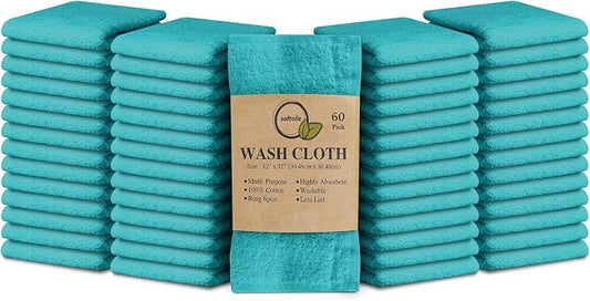 100% Cotton Washcloths 60 Pack (12x12 Inches) Soft, Highly Absorbent Washcloth, Face Towels, Wash Cloths for Face, Ring Spun, Bulk Pack (Turquoise) by Softolle