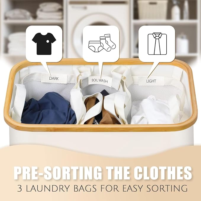 Hampers for Laundry Basket with Lid, 145L Large Laundry Hamper 3 Section | Dirty Clothes Hamper Separator with 3 Removable Bags & 5 Labels, Divided Laundry Organizer for Bedroom, Laundry Room, Beige - Image 3