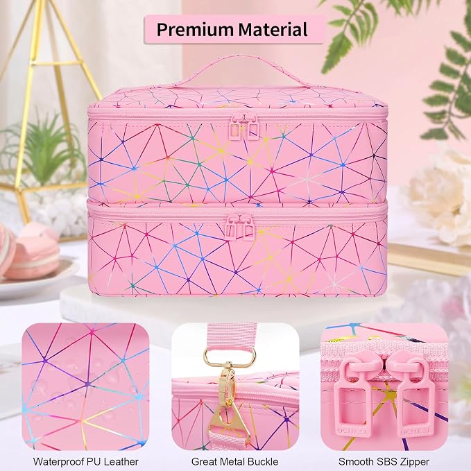 Ethereal Nail Polish Organizer Case Holds 50+ Bottles (5ml/0.5fl.oz) and Nail Lamp, Leather Nails Storage Organizer with Compartment, Diamond Pink - Image 5