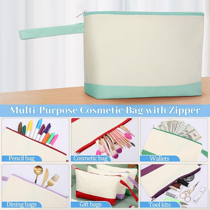 Silkfly 48 Pcs Cotton Canvas Makeup Bags Cosmetic Zipper Bags 10.2 x 5.5 x 2'' Blank DIY Pouch Bulk Pencil Case with Bottom Travel Toiletry Pouch for Women Craft Decor Gift (24 Colors) - Image 5