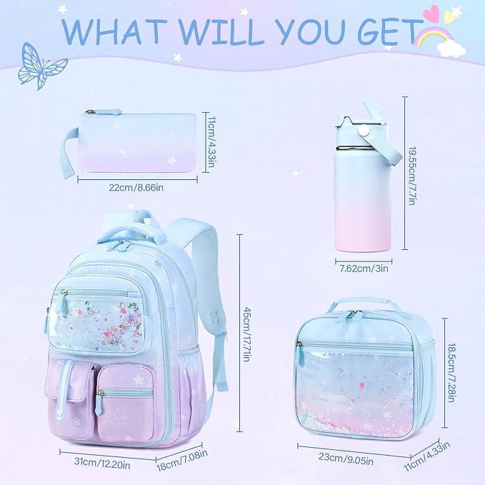 ACESAK Kids School Backpack for Girls, Mermaids Bookbag Backpack with 14OZ Water Bottle, Lunch Bag Set for GirlsTeens Middle Student, Girls Backpacks for School (Blue Purple) - Image 2