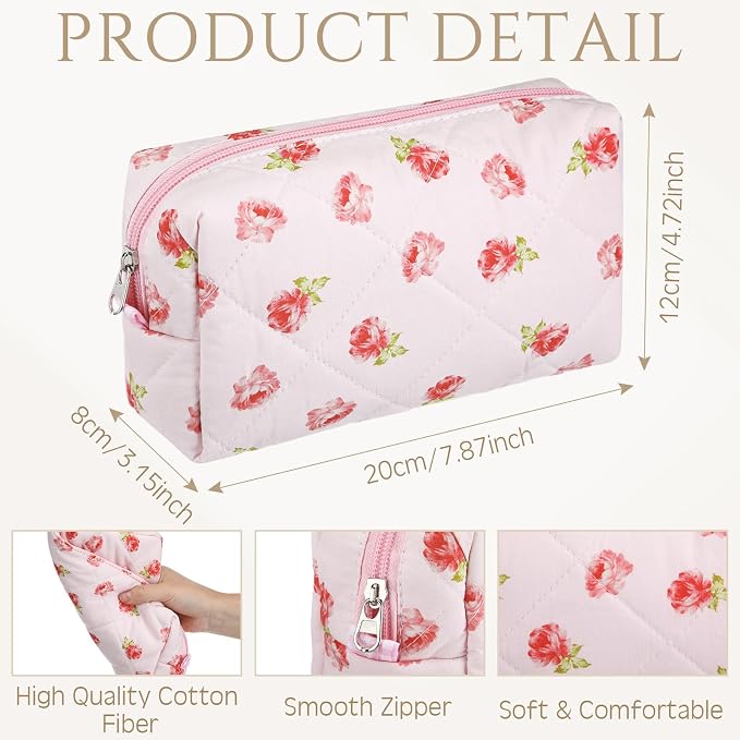 Paterr 10 Pcs Quilted Makeup Bag Bulk Cotton Floral Cosmetic Bag Women Girls Bridesmaid Gifts Cute Makeup Pouch Coquette Aesthetic Travel Toiletry Organizer(Beige Floral,7.87 x 4.72 x 3.15 Inches) - Image 2