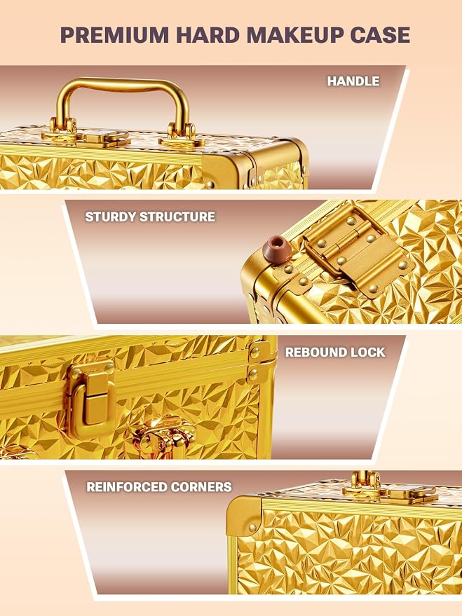 Qislee Makeup Box with Detachable Magnetic LED Mirror, Travel Train Case | Makeup Organizer, Cosmetic Travel Bag for Women, Adjustable Dividers, Brush Slots, Skincare Storage, Portable, Bling Gold - Image 4