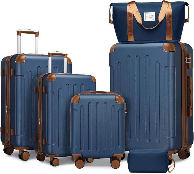 6 Piece Luggage Set Hard Shell - Navy Blue Expandable Suitcases with Spinner Wheels and Duffel Bags for Family Travel, Durable Carry On Luggage Sets with Lock for Women and Men by Unknown