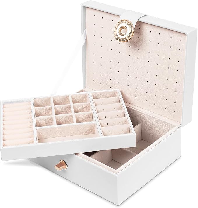 QBestry Jewelry Box for Women Girls, 105 Holes Stud Earring Organizer Storage Case with Removable Dividers, 2-Layer White Leather Jewelry Organizer for Earrings Rings Necklaces Bracelet, Gift for Teen - Image 6