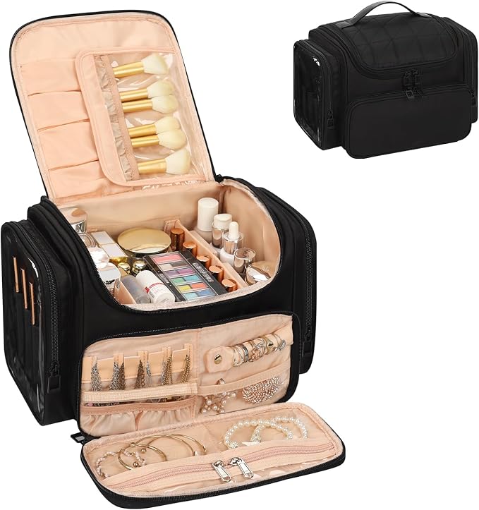 Large Makeup Bag with Jewelry Organizer, Travel Toiletry Bag for Women Girls with Makeup Brush Compartment & Two Side Pockets - XL Black by OrganizeYourMakeup