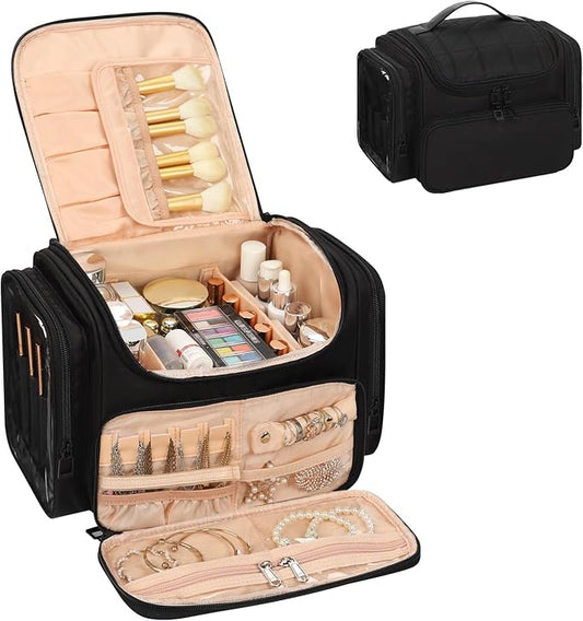 Large Makeup Bag with Jewelry Organizer, Travel Toiletry Bag for Women Girls with Makeup Brush Compartment & Two Side Pockets - XL Black by OrganizeYourMakeup