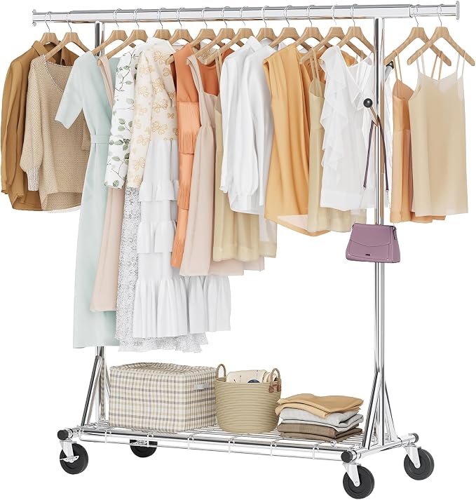 Hoctieon 1-Minute Assembly Clothes Rack, 480 lbs Heavy Duty Rolling Clothing Racks with Wheels, Foldable Garment Rack, Extendable Hanging Bar, Adjustable Metal Pole with Hooks, Chrome by Hoctieon