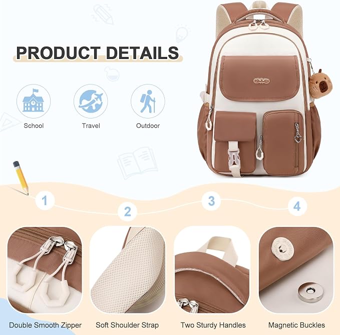 DIGOBAY Backpacks for Girls, 3PCS School Backpack with Lunch Box Pencil Pouch for Teen Girls Kids Elementary Primary Middle High College Travel School bag Bookbag Set （Brown - Image 5