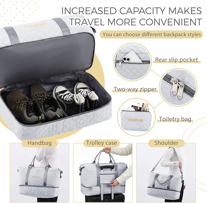 Dansydaisy Mama Hospital Bag for Women Labor Delivery Travel Duffle Bag with Shoe Compartment and Toiletry Pouch Waterproof Letter Embroidered for Pregnancy Weekender Overnight Gym Gift, Gray - Image 5