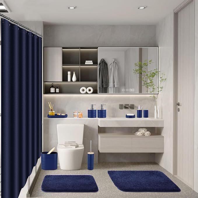 XLHOMO Bathroom Set - Navy Blue Bathroom Accessories Set, Bathroom Sets with Shower Curtain and Rugs, 25PC Shower Curtain Set with Hooks, Soap Dispenser, Soap Dish, Toilet Brush Holder and Trash Can - Image 2