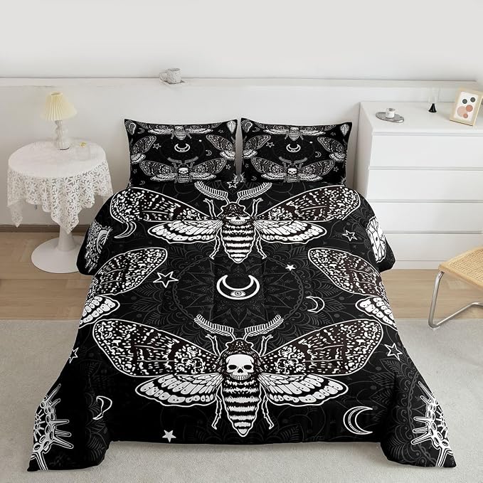 Erosebridal Gothic Boho Comforter Set - Twin Skull Moth Bedding Set with Skeleton Bones Mandala Duvet Sets for Halloween Bedroom Decor (1 Comforter + 1 Pillowcase) - Image 2