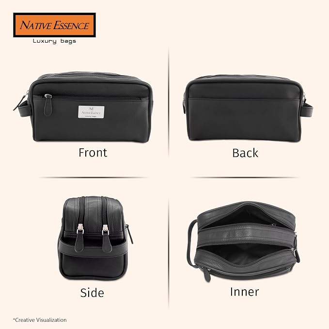 NATIVE ESSENCE Genuine Leather Toiletry Bag for Men & Women, Black | Dopp Kit, 2 Compartments, Travel Shaving & Grooming Organizer - Image 7