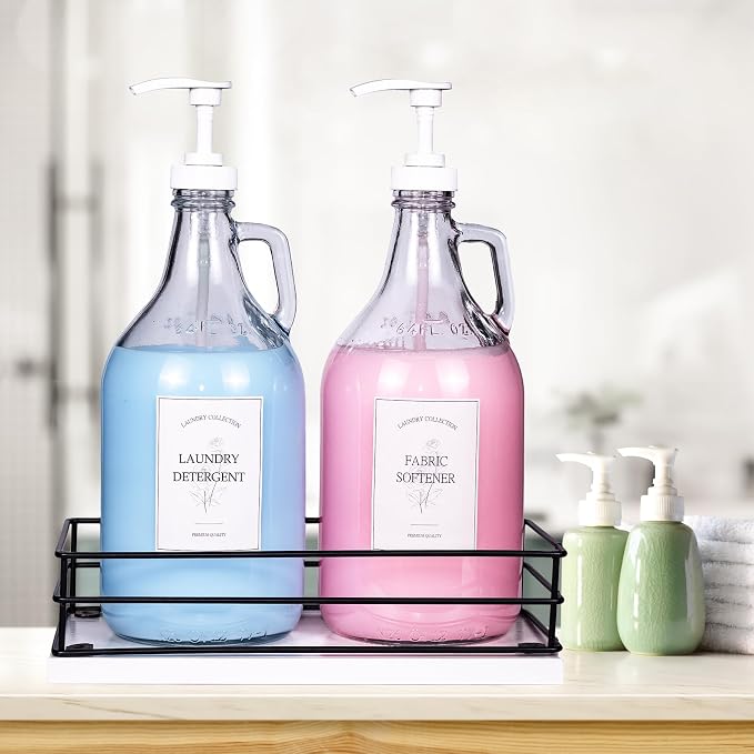 2 Pcs Glass Liquid Laundry Detergent Dispenser, Half Gallon Dispenser for Laundry Room (64 oz. Each), Laundry Detergent Bottles with Pump Dispenser -Includes Labels, Measuring Cups,Wooden Stand - Image 3