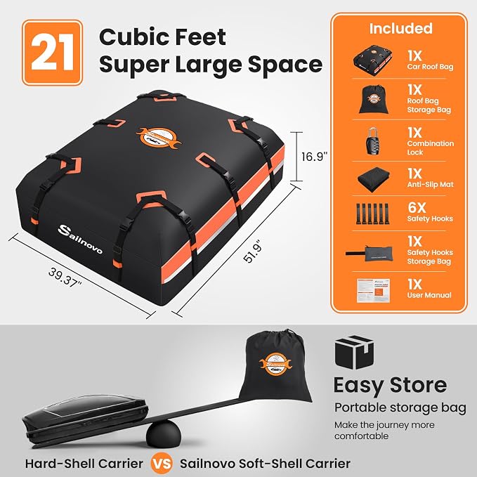 Sailnovo Car Rooftop Cargo Carrier 21 Cubic Feet, Waterproof 1000D PVC Car Roof Bag with Anti-Slip Mat, Combination Lock, Storage Bag, Door Hooks & Tie-Down Strap fit Vehicle with/Without Luggage Rack - Image 2