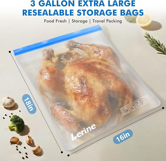 Lerine 4 Pack Dishwasher Safe Reusable 3 Gallon Freezer Bags for Marinating | Leakproof, 16"x18", BPA-free food-grade material, food storage, for turkey brining, meal prep and home organization - Image 4
