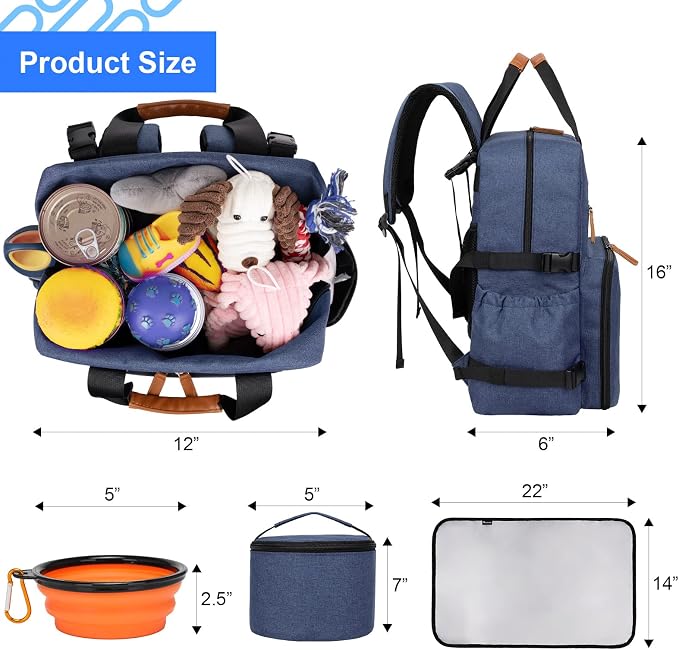 Modoker Dog Travel Bag, Airline Approved Backpack for Pet Accessories Organizer, Tote Weekend Bag with 2 Food Storage Containers, 2 Collapsible Dog Bowls, 1 Pet Mat, Blue - Image 4