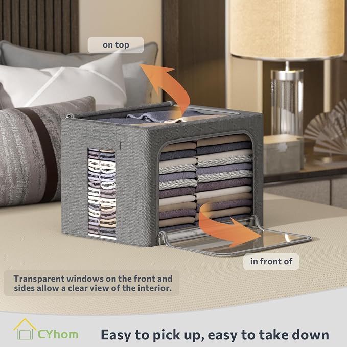 CYhom Extra Large Clothes Storage Bins - Linen Fabric Foldable Stackable Container Organizer Set with Clear Window & Carry Handles & Metal Frame (Dark Gray, Extra Large-100L) - Image 2