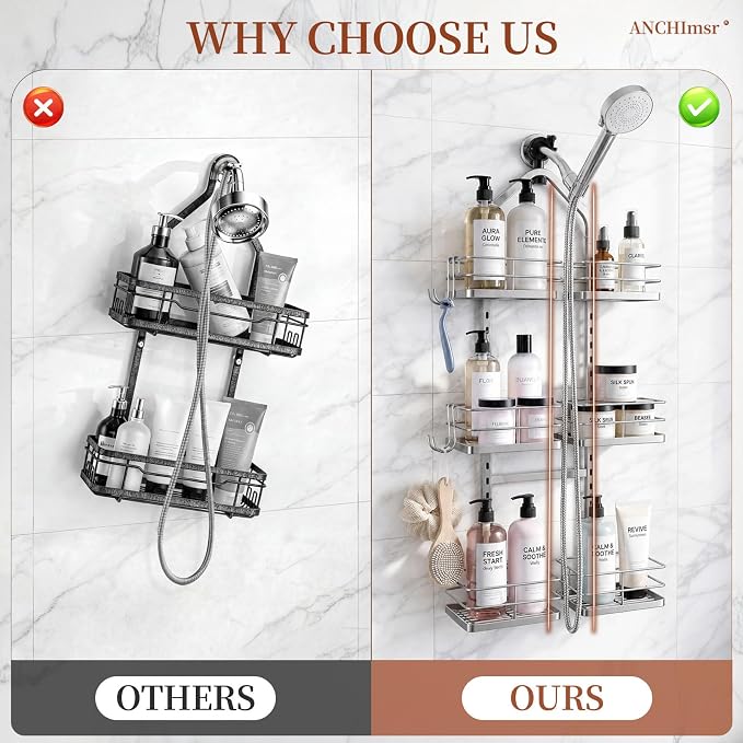 3-Tier Adjustable Hanging Shower Caddy for Handheld Showerhead, Silver | Rustproof Shower Rack Baskets, Anti-Swing Hanging Shower Organizer for Bathroom Storage with 2 S-Hooks, Large Capacity - Image 6